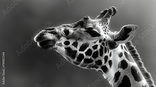   A tight shot of a giraffe's face next to its monochrome head counterpart in a black-and-white image