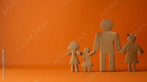 Father and children as a cardboard silhouette on a orange background, Generative AI