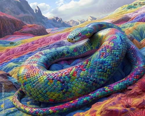 A captivating creature, combining the serpentine elegance of Medusa with the sleek form of an Anaconda, amidst a rainbowhued valley , high resolution DSLR photo