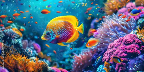 A colorful tropical fish swimming in the ocean, surrounded by coral reefs and marine life..colorful tropical fish in a coral reef on blue sea background, photo