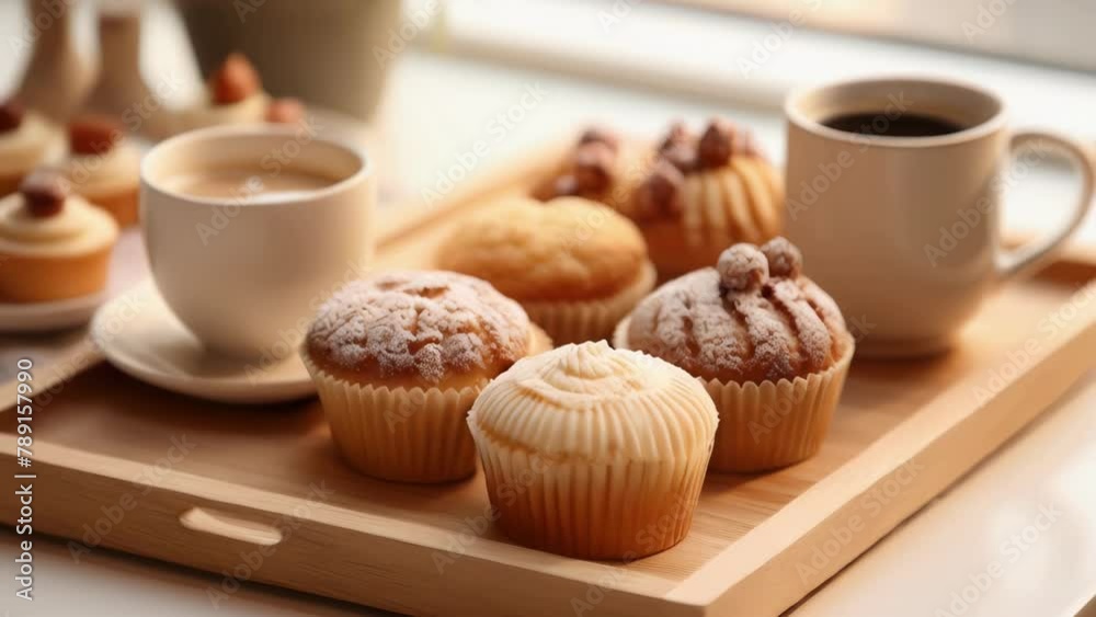 A tray of muffins and cupcakes sits on a wooden table next to a cup of coffee