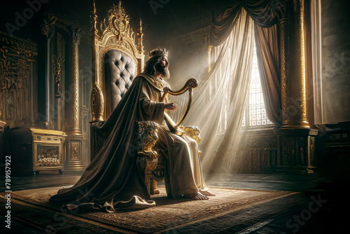 King David Playing Golden Harp: Biblical Psalmist Artwork photo