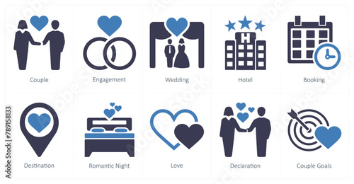 A set of 10 honeymoon icons as couple, engagement, wedding