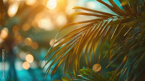 nature blur green palm leaves on tropical beach with sun bokeh lights,