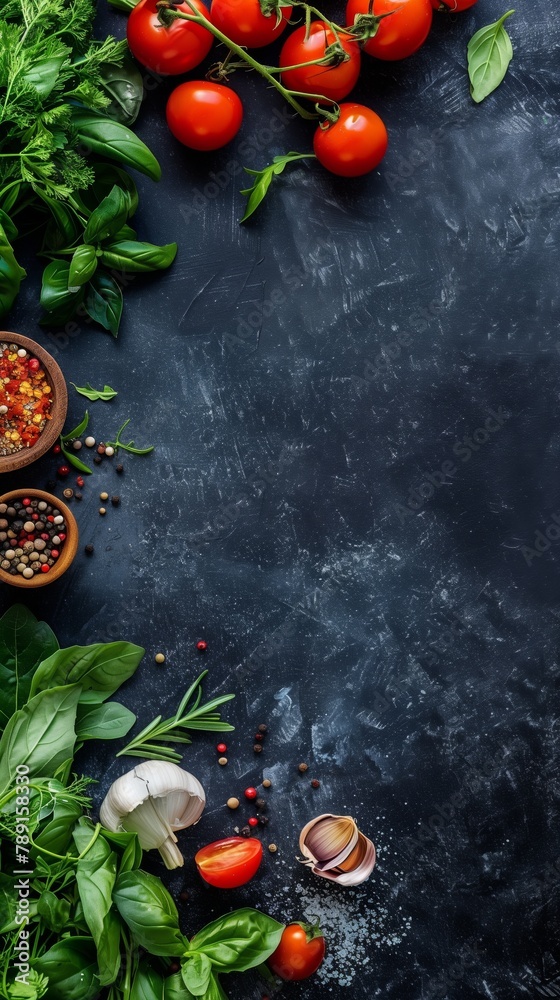 Assortment of fresh vegetables and herbs on a dark textured background