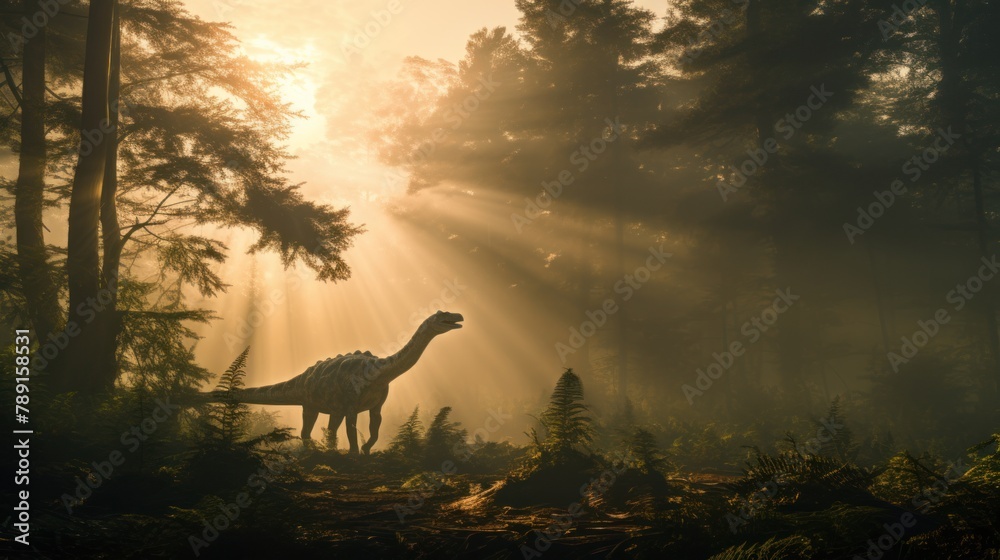 Fototapeta premium Dinosaur stands in sunny prehistoric forest. Photorealistic.