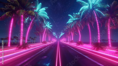 Neon nostalgia 3D wireframe road, palm trees in a synthwave landscape © Khalif