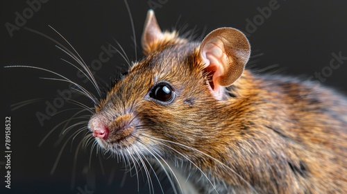  A tight shot of a rodent's head, displaying long, thin brown whiskers against a black backdrop