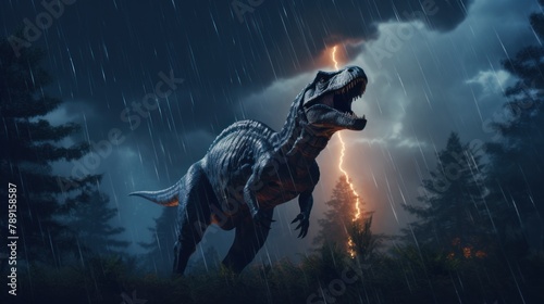 Dinosaur stands in lightning storm in prehistoric environment. Photorealistic. © rabbit75_fot