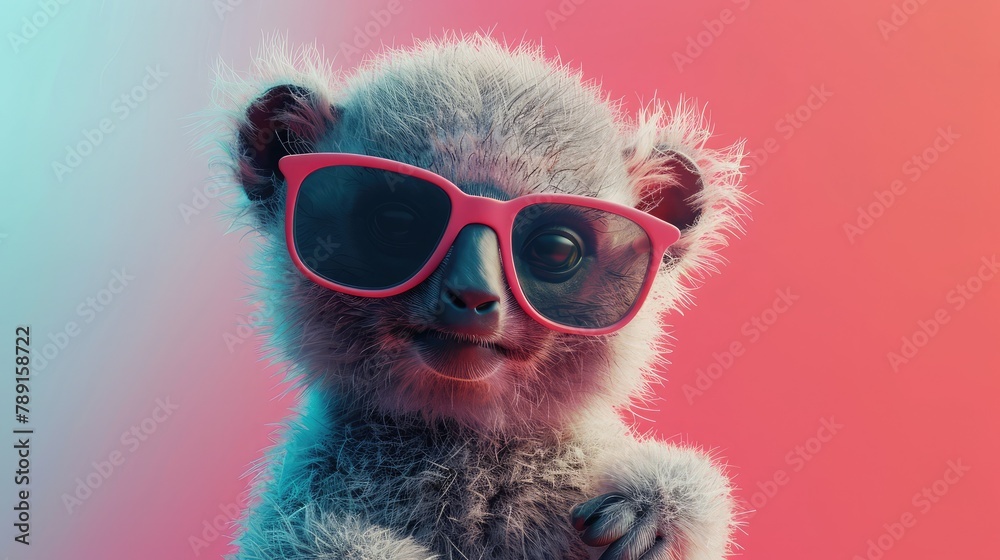 Funny koala wearing sunglasses in studio with a colorful and bright background, portrait pet glasses entertainment background party music raccoon young fun animal, background stage glasses funny animl