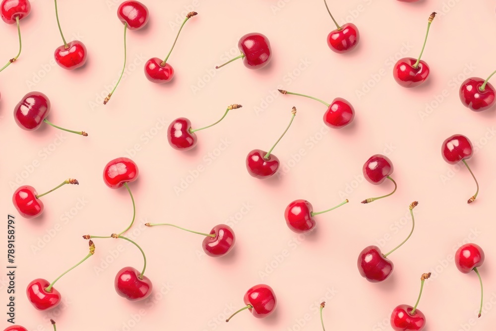 Vibrant Red Cherries Scattered on a Soft Pink Background for Fresh Summer Design Vibrant Red Cherries Scattered on a Soft Pink Background for Fresh Summer Design