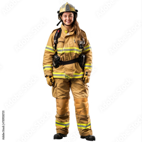 full body of smiling female Firefighter on transparency background PNG
