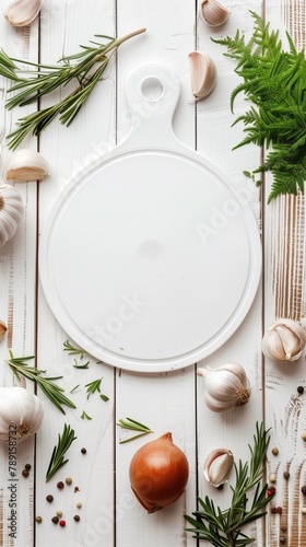 A blank white cutting board with fresh herbs and vegetables on a wooden table.
