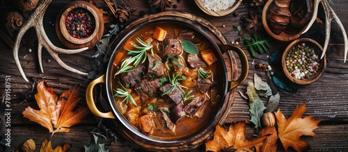 Copper pot containing venison goulash stew with seasoning bowls on a wooden surface  surrounded by deer antlers and leaves.