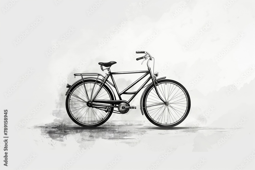 Artistic black and white illustration of a classic bicycle on a textured watercolor backdrop