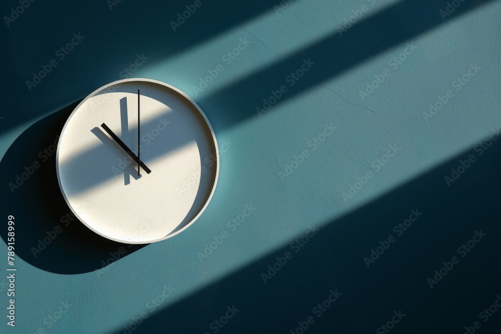 Photo of a sleek, minimalist clock casting a bold shadow on a blue wall Photo of a sleek, minimalist clock casting a bold shadow on a blue wall