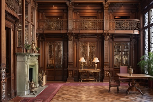 Gilded Age Mansion Library: Ornamental Columns & Herringbone Floors Design photo