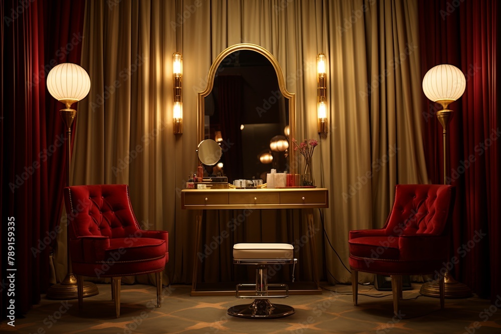 Fototapeta premium Spotlight Floor Lamps and Velvet Curtains: Golden Era Hollywood Vanity Room Decors