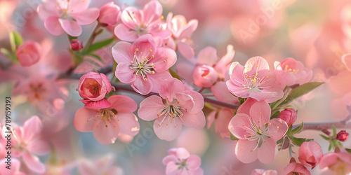 Beautiful pink flowers in bloom on branch against sunlit sky  nature background with soft colors and bright sunlight