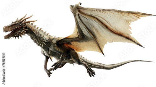 Powerful dragon flying in sky isolated on white background.