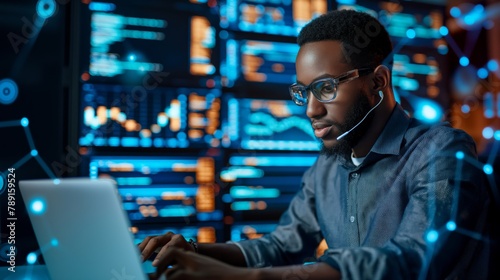 An Internet IT specialist in a data center uses his laptop and PC to develop software to ensure the protection and storage of information in cloud storage. Futuristic look