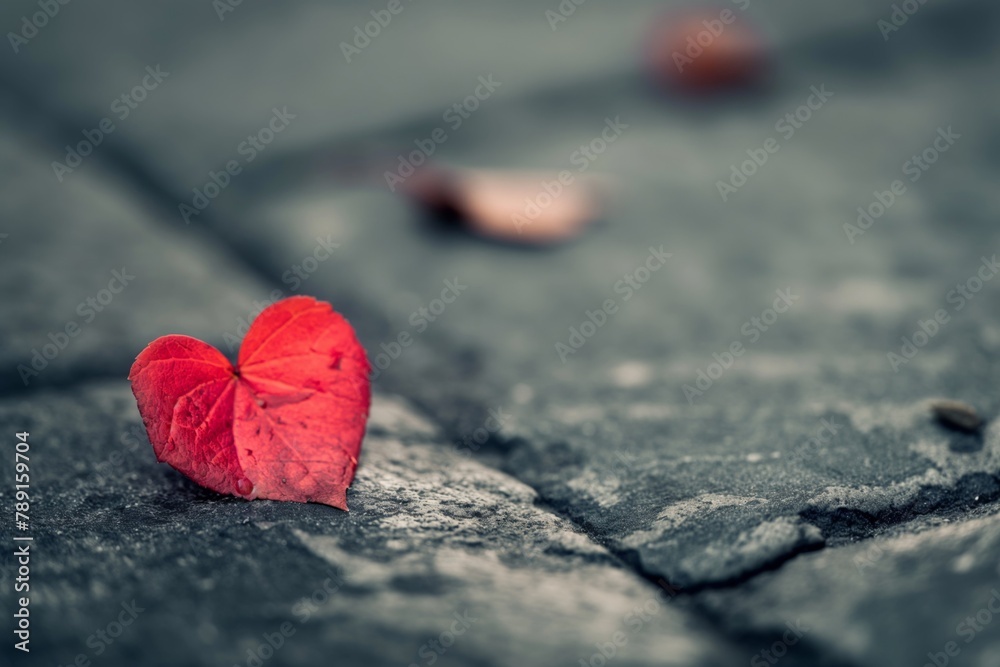 Fototapeta premium Close-up photo of a red heart-shaped leaf on a textured gray pavement, symbolizing love and solitude
