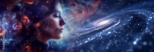 I am one with the Universe I feel it pulsing through every fibre of my being - female face side view eyes closed meditating imagining being connected to a spiralling galaxy ideal for a spiritual theme photo