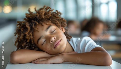 Afro boy 12 years old in white tshirt sitting at schooldesk in the light scandinavian classroom and sleeping while lesson at schoolroom. Studying concept photo