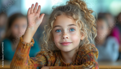 Smiling blond girl in yellow clothes raising hand sitting at schooldesk in the light scandinavian classroom while lesson at schoolroom. Studying concept
