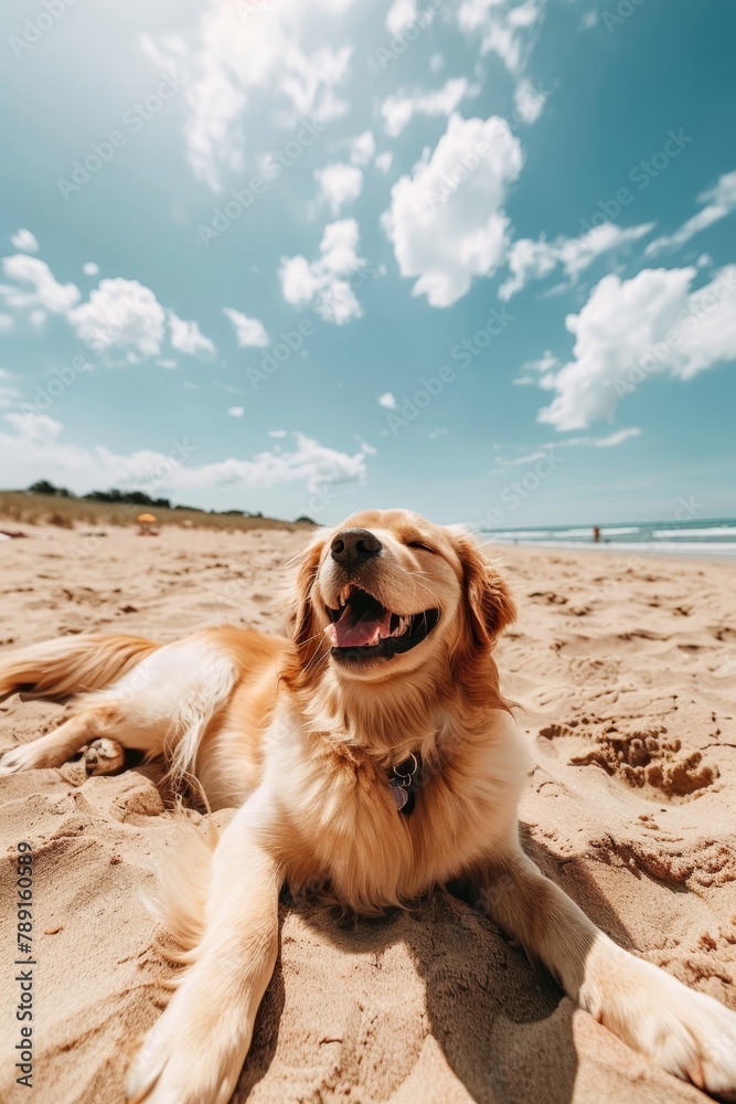 Adorable pedigree puppy relaxing on sandy beach with ocean shore in the background