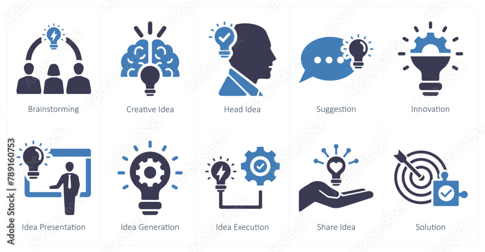 A set of 10 idea icons as brainstorming, creative idea, head idea