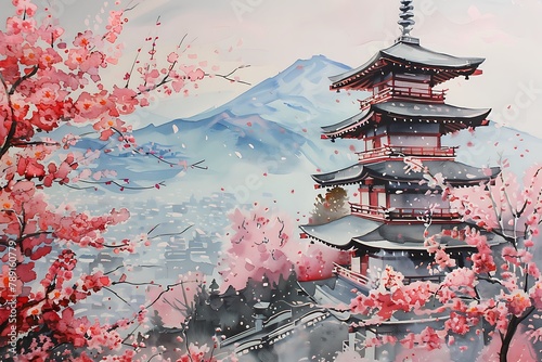 : A brush painting of a beautiful Japanese pagoda with cherry blossoms in the foreground