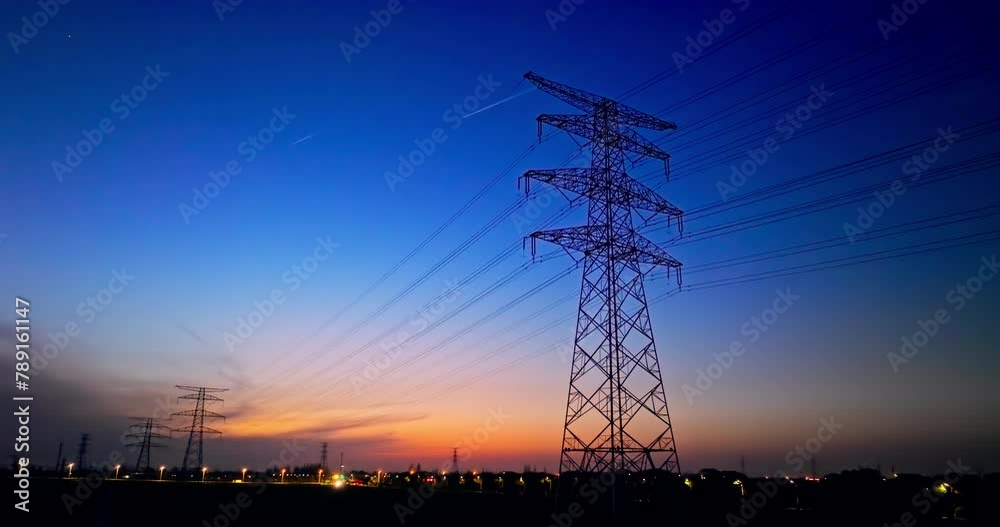 Aerial view of high voltage electricity towers at sunset