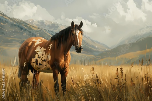   A brush painted portrait of a wise horse in a pasture