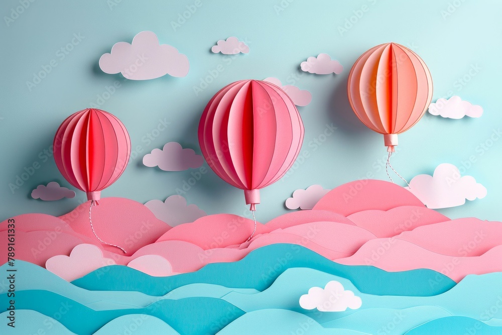Colorful Paper Craft Balloons on a Pastel Sky Background. Generative ai Colorful Paper Craft Balloons on a Pastel Sky Background. Generative ai