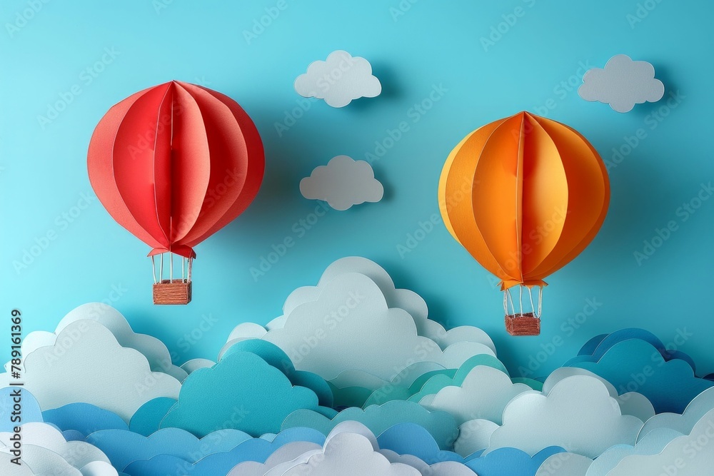 Obraz premium Colorful Paper Craft Balloons on a Pastel Sky Background. Generative ai