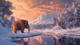 Mammoth walking by lake in snow field in freezing winter at sunrise.