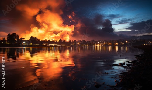 Intense Fire Burning Over a Lake © uhdenis