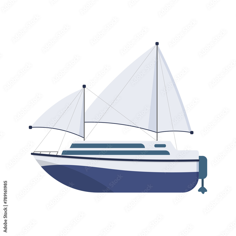 Fototapeta premium PNG, Sea ship. Set of flat yacht, boat, steamboat, ferry, fishing vessel, tugboat, pleasure boat, cruise ship. Sailboat isolated on white background. Ocean transport concept. Vector illustration