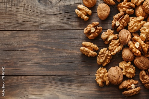 Shelled walnuts on a wooden table top view, walnuts on a wooden table, walnuts closeup, walnuts, healthy food, healthy breakfast, healthy nuts, immune booster background, vitamin booster 
