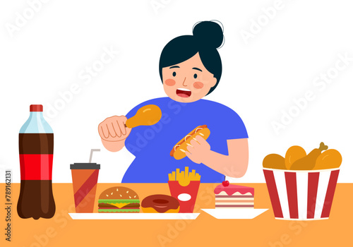 Obesity woman enjoy eating fast food in flat design on white background. Overeating addiction concept vector illustration.