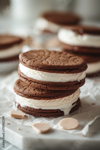 Close-up of a stacked ice cream sandwich with white background