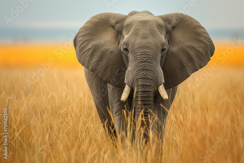 A commanding African elephant stands in golden grasslands, its majestic presence a powerful symbol of wildlife and conservation.
