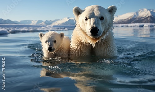 Mother Polar Bear and Cub Swimming Together