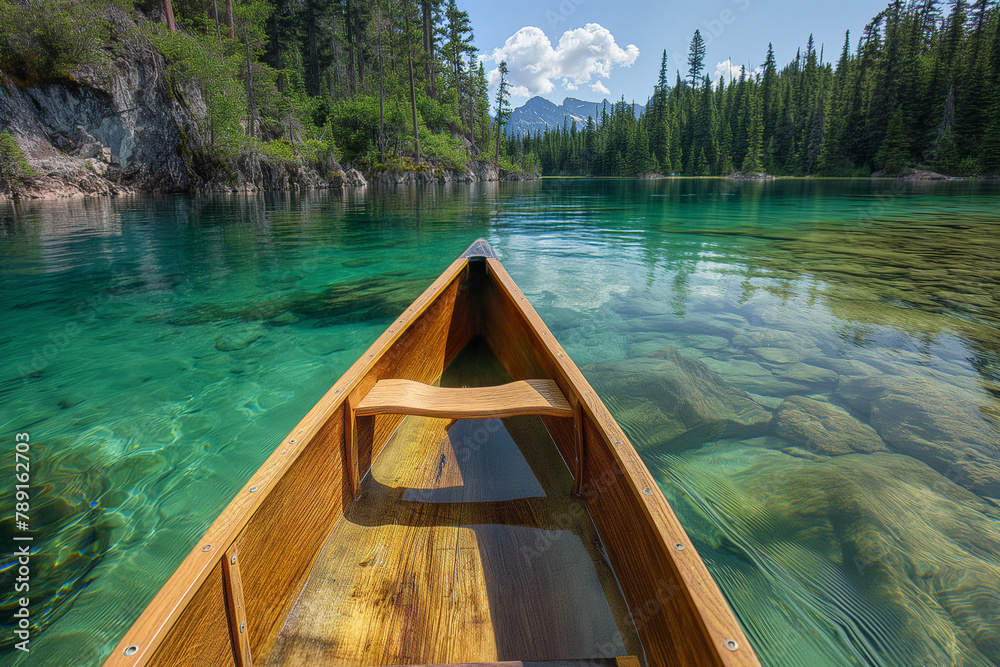 Obraz premium The view from a wooden canoe journeying down a tranquil river, flanked by lush greenery and the promise of adventure around the bend.