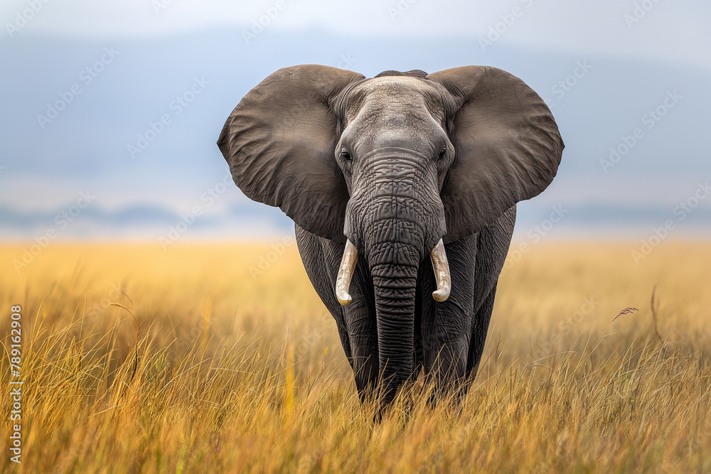 An imposing African elephant stands majestically in the golden savannah grasses, showcasing its grandeur in the wild.