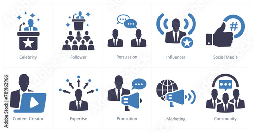A set of 10 influencer icons as celebrity, follower, persuasion