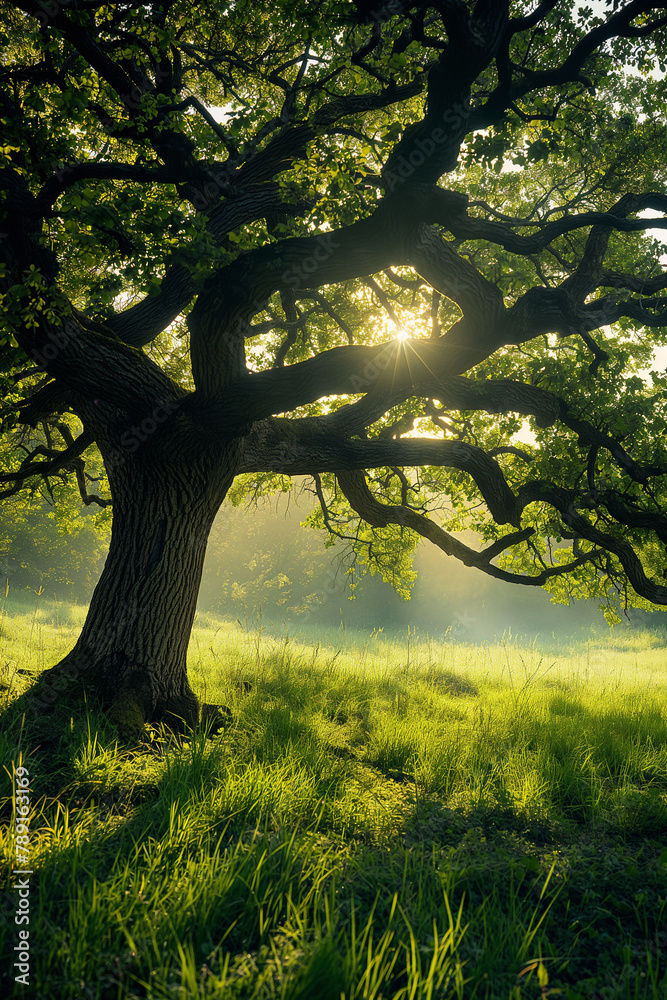 Fototapeta premium A gnarled oak tree stands silhouetted against the dappled light of morning, its twisted branches creating a tranquil retreat in the lush meadow.