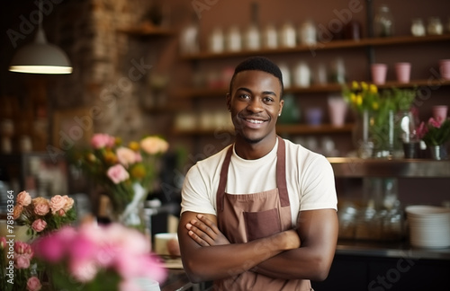 A male barista in an apron welcomes patrons with a warm smile, standing in a cozy café adorned with fresh blooms, creating a friendly atmosphere.