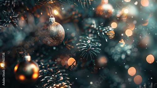 Ornate ornaments hanging from the branches of a majestic Christmas tree  shimmering in the soft glow of holiday lights. 8k  realistic  full ultra HD  high resolution  and cinematic